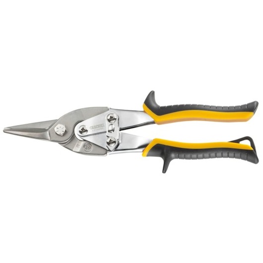 Facom E214563 aviation snips with yellow and black ergonomic handles, side view on white background.