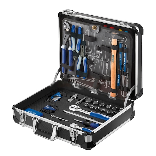 Facom E220104 tool case with assorted hand tools, including pliers, hammer, screwdrivers, and sockets, angled view.