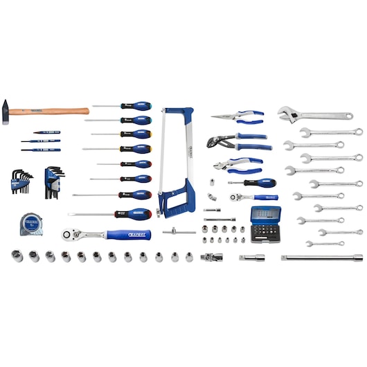 Facom E220104 tool set photography with blue and silver hand tools, wrenches, pliers, screwdrivers, and sockets.