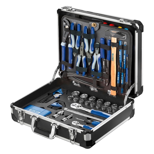 Facom E220107 tool case with assorted blue-handled tools, sockets, and hammer, front angle on white background.