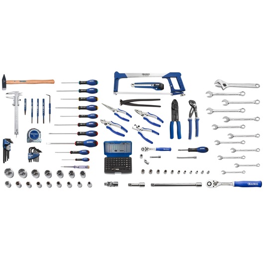 Facom E220107 hand tool set with assorted screwdrivers, pliers, wrenches, sockets, and a hacksaw, top-down view.