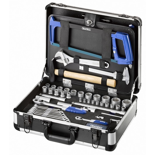 Facom E220109 tool case with assorted hand tools including wrenches, sockets, hammer, adjustable wrench, and hacksaw.