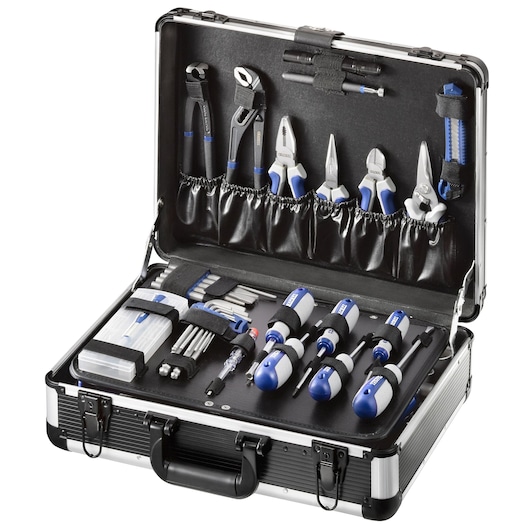 Facom E220109 tool kit with blue and silver handles, organized in a black hard case, studio angle.
