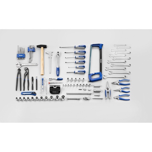 Facom E220109 hand tool set with assorted wrenches, screwdrivers, pliers, sockets, and saw, top-down on white background.