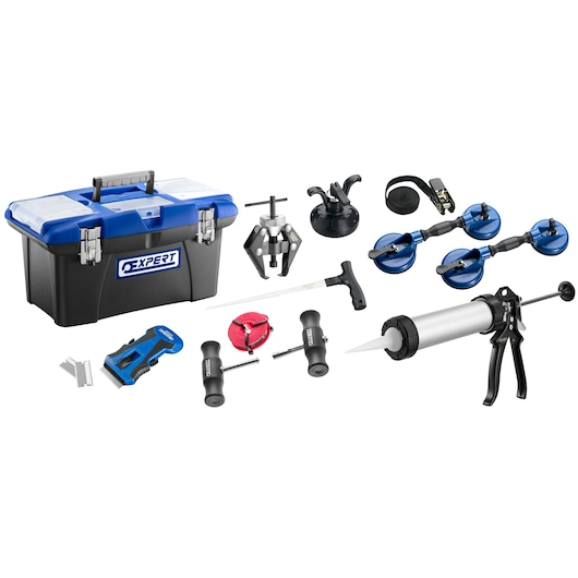 Facom E220405 tool set with toolbox, sealant gun, suction cups, scraper and accessories, front angle.