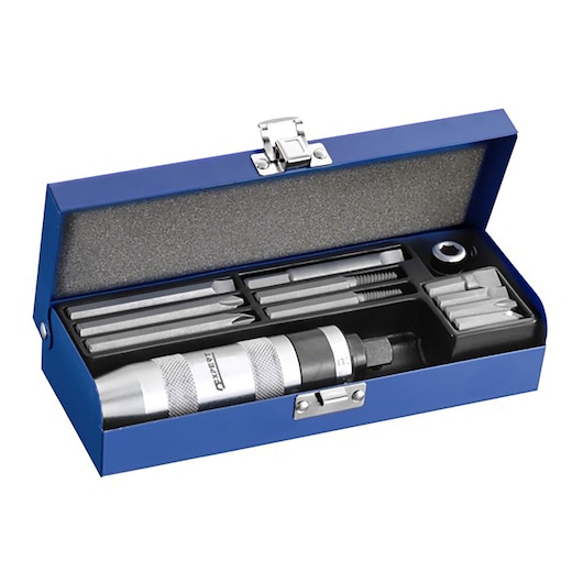 Facom E230301 impact driver set with metal bits in blue storage case, angled view on white background.
