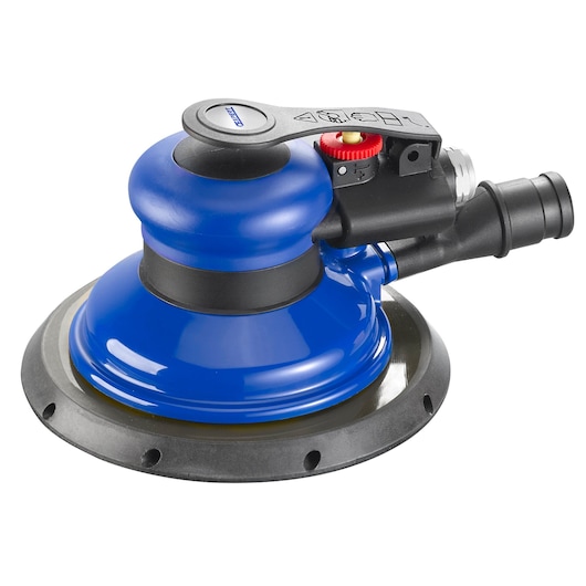 Facom E230603 blue and black pneumatic orbital sander, side view on white background.
