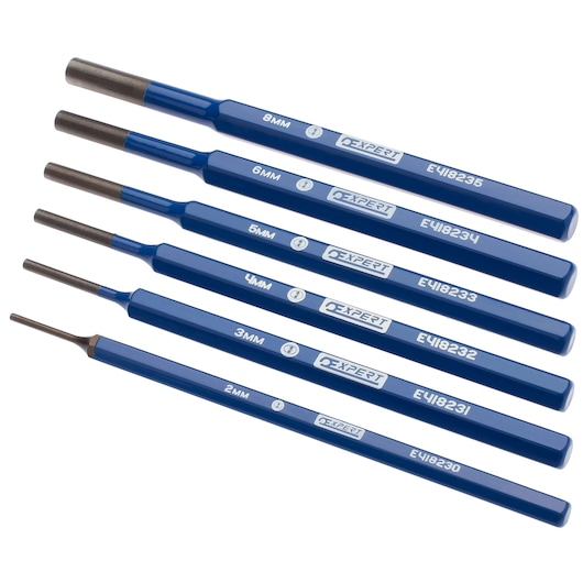 Facom E418226 blue pin punch set with six sizes, side view, each marked with size and Facom branding.