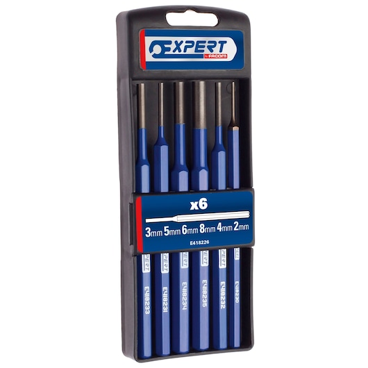 A set of six blue metal pin punches in various sizes, packaged in a black plastic holder. The front label displays the brand 'Expert by Facom' and lists the sizes: 3mm, 5mm, 6mm, 8mm, 4mm, and 2mm. The product SKU is E418226.