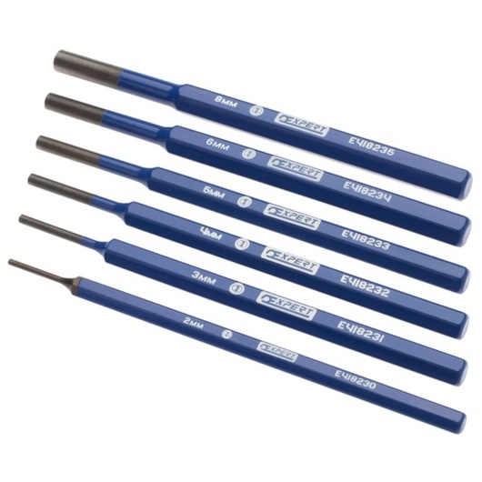 Facom E418234 blue hexagonal pin punch set, 6 pieces, assorted sizes, side angle on white background.