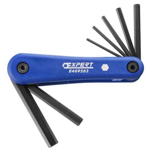 Facom E469262 folding hex key set with blue handle, multiple black hex keys extended, product front angle.