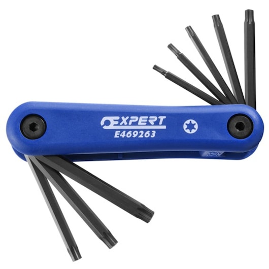 Facom E469263 folding Torx key set with blue handle, multiple black keys extended, product photo on white background.