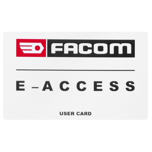 Photo of Facom EACCESS-UCARD white electronic access user card, front view, with Facom logo and bold text.