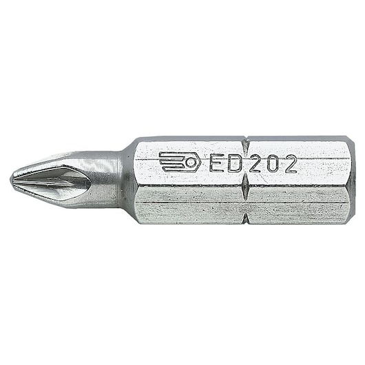 Facom ED_202 metal Phillips screwdriver bit, hex shank, close-up on white background.