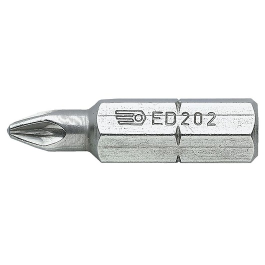 Facom ED_204 screwdriver bit, silver, hex base, engraved logo, product in side view on white background.