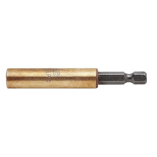 Photo of Facom EF_6P3 brass and black magnetic bit holder, tool accessory, side angle on white background.
