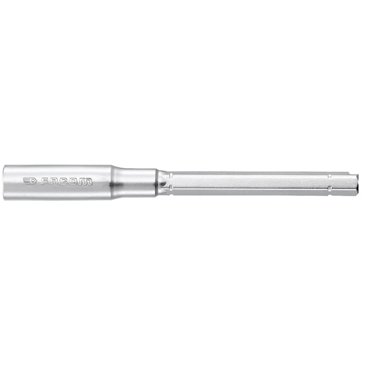 Photo of Facom EF.R180 long chrome-plated socket bit, side view on white background, with Facom logo engraved.