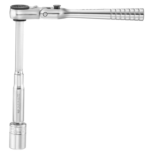 Facom EF.R180 ratchet wrench with extension and socket, side angle, chrome finish on white background.
