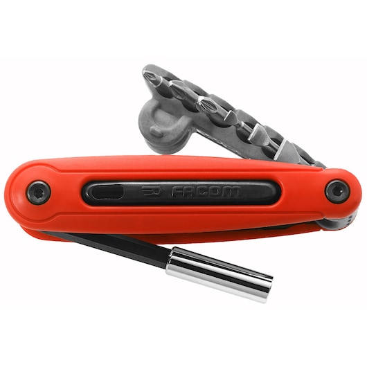 Facom EFPZ multi-bit screwdriver with red handle and multiple bits, product side view on white background.
