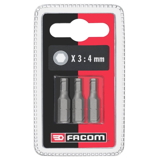 Facom EH1_J3 hex bit set 4 mm, pack of 3, front view on white background.