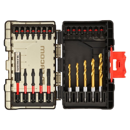 Facom EN_1J24PB drill and screwdriver bit set with gold drill bits and black screwdriver bits in open black plastic case, top view.