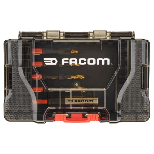Facom EN_1J24PB drill bit set case with transparent lid, black and red accents, top view, photography.