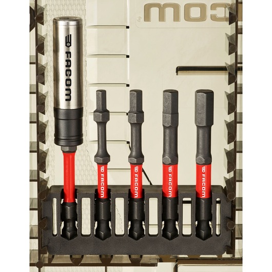 Photo of Facom EN_1J24PB screwdriver bit set with five bits and holder, red and black design, front angle.