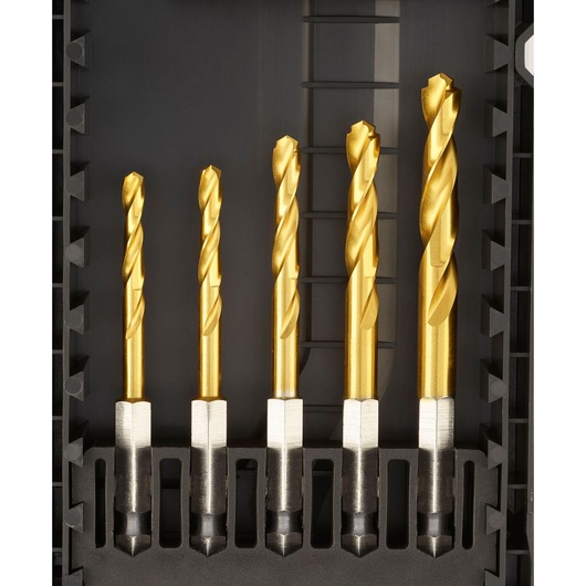 Photo of Facom EN_1J24PB drill bit set, five gold hex shank drill bits in a black plastic case, top view.