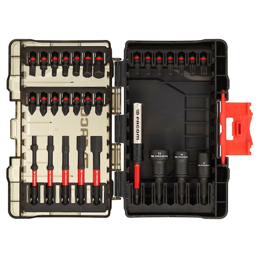 Facom EN_1J30PB bit and socket set with organized slots in open case, photo from top view.