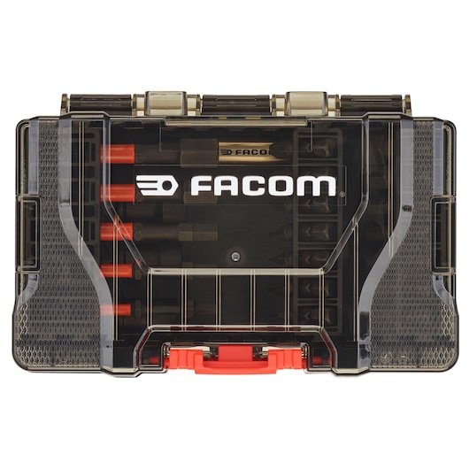 Facom tool case with transparent lid, red latch and visible tools inside, front angle, EN_1J30PB.