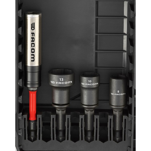 Photo of Facom EN_1J30PB socket set with magnetic driver and three sockets in black tray, front angle.