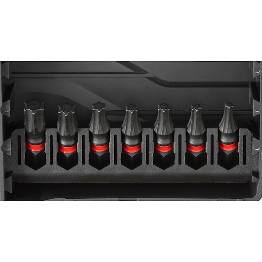 Facom EN_1J30PB socket bit set with black bits and red rings, photography, front angle.