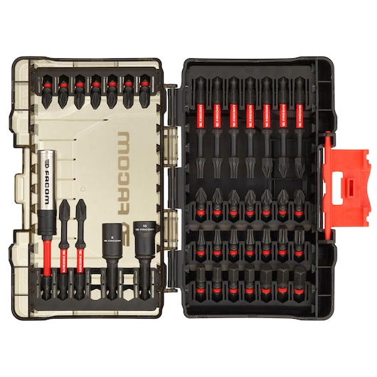 Facom EN_1J40PB screwdriver and bit set in open black case with red latch, assorted bits organized by size and type.