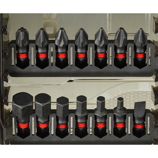 Facom EN_1J40PB screwdriver bit set, assorted black and red bits in plastic holder, front view.