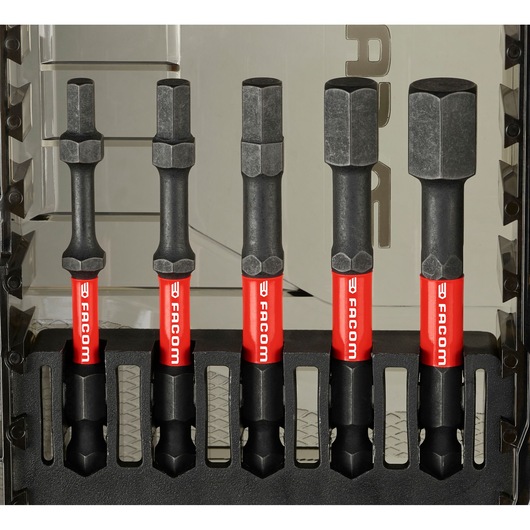 Facom EN_1J40PB set of five black and red impact socket adapters in a plastic holder, front view.