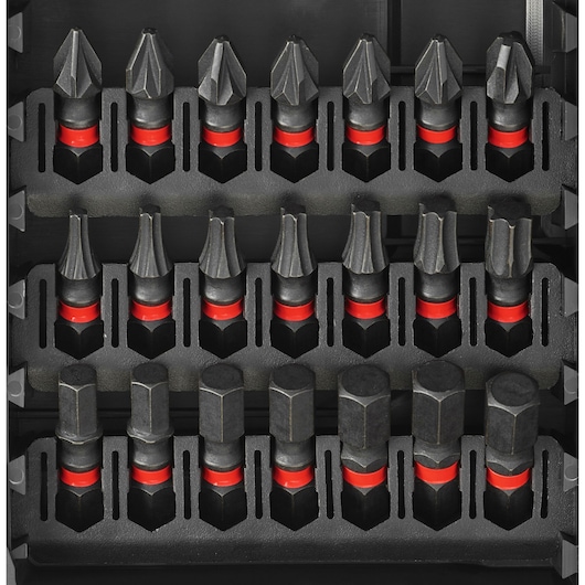 Facom EN_1J40PB drill bit set with black and red bits in organized tray, front angle.