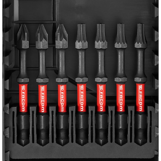 Facom EN_1J40PB set of six screwdriver bits with red labels in a black plastic holder, top-down angle.