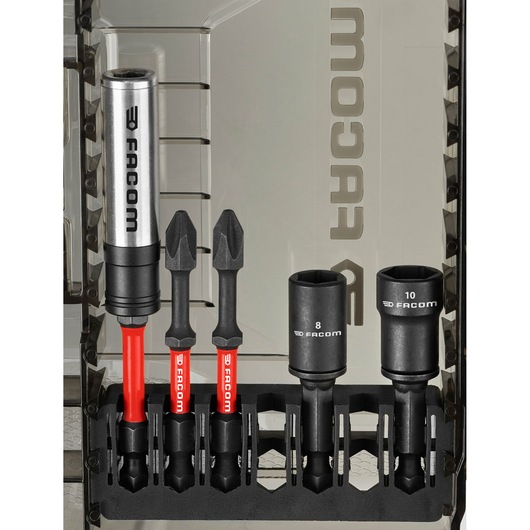 Photo of Facom EN_1J40PB bit and socket set in black molded tray with clear lid, showing two sockets, two bits, one driver.