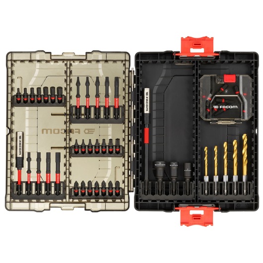 Facom EN_1J50PB drill and screwdriver bit set with black case, red latch, gold drill bits, assorted bits, and sockets, top-down view.
