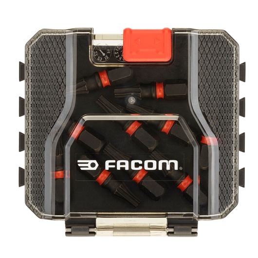 Facom EN_1J50PB bit set in compact black and clear plastic case with red accents, top view.