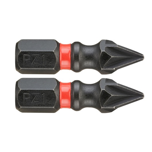 Facom END_101 Pozidriv PZ1 screwdriver bits, set of two, black with red ring, product side view.