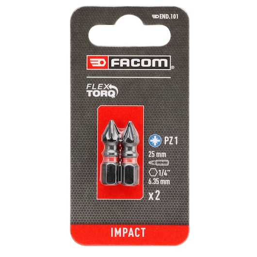 Facom impact screwdriver bits PZ1, 25mm, pack of 2, front view, SKU END_101 on white background.