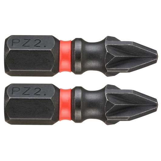 Facom END_102 photography of two black Pozidriv screwdriver bits with red rings, side view on white background.