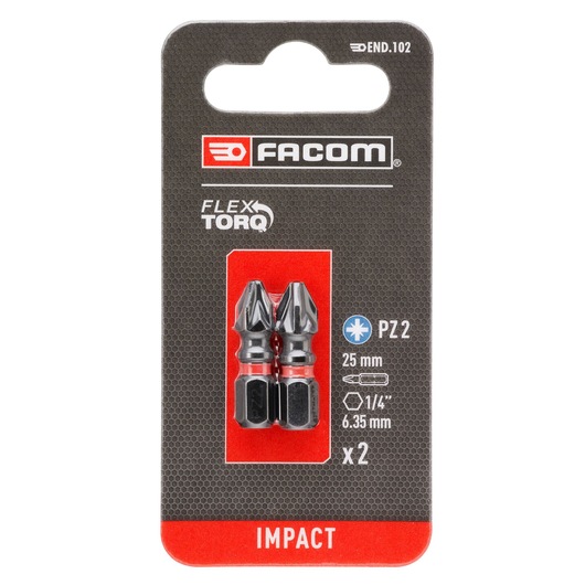 Pack of two Facom Flex Torq impact screwdriver bits, size PZ2, 25 mm length, 1/4 inch (6.35 mm) hex drive, shown in retail packaging.