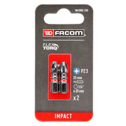 Facom END_103 impact screwdriver bits, 25mm, PZ3, 2-pack, front view on white background.