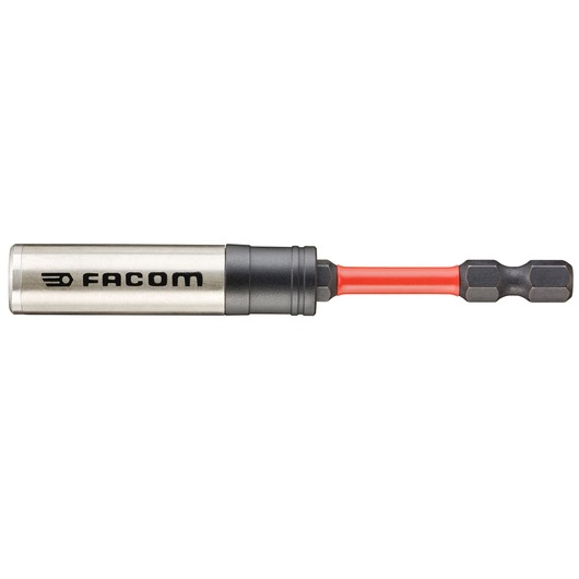 Facom ENF_6P1 magnetic bit holder with silver body, black tip, and red shaft, side view on white background.