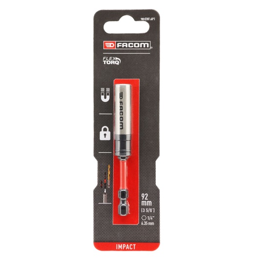 Facom ENF_6P1 impact bit holder, 92mm length, 1/4 inch, silver and black, front packaging photo.