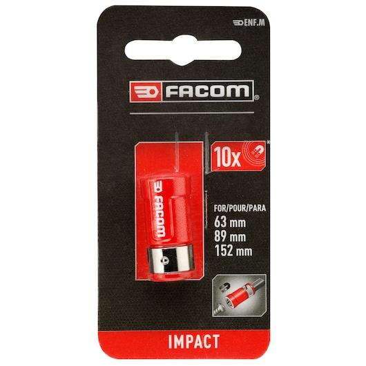 Photo of Facom ENF_M impact socket adapter in red, packaged for 63 mm, 89 mm, 152 mm sockets, front angle.