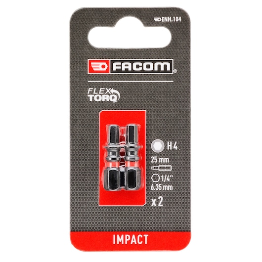 Facom ENH_104 hex impact bits set, 1/4 inch, 25 mm, pack of 2, front packaging view on white background.