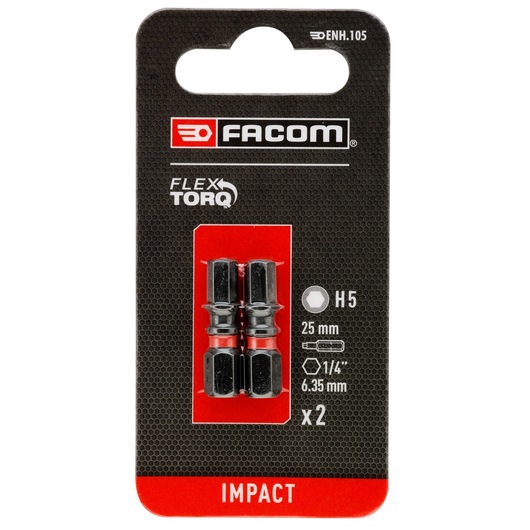 Photo of Facom ENH_105 impact screwdriver bits pack, two 25mm hex H5 bits in blister packaging, front view.